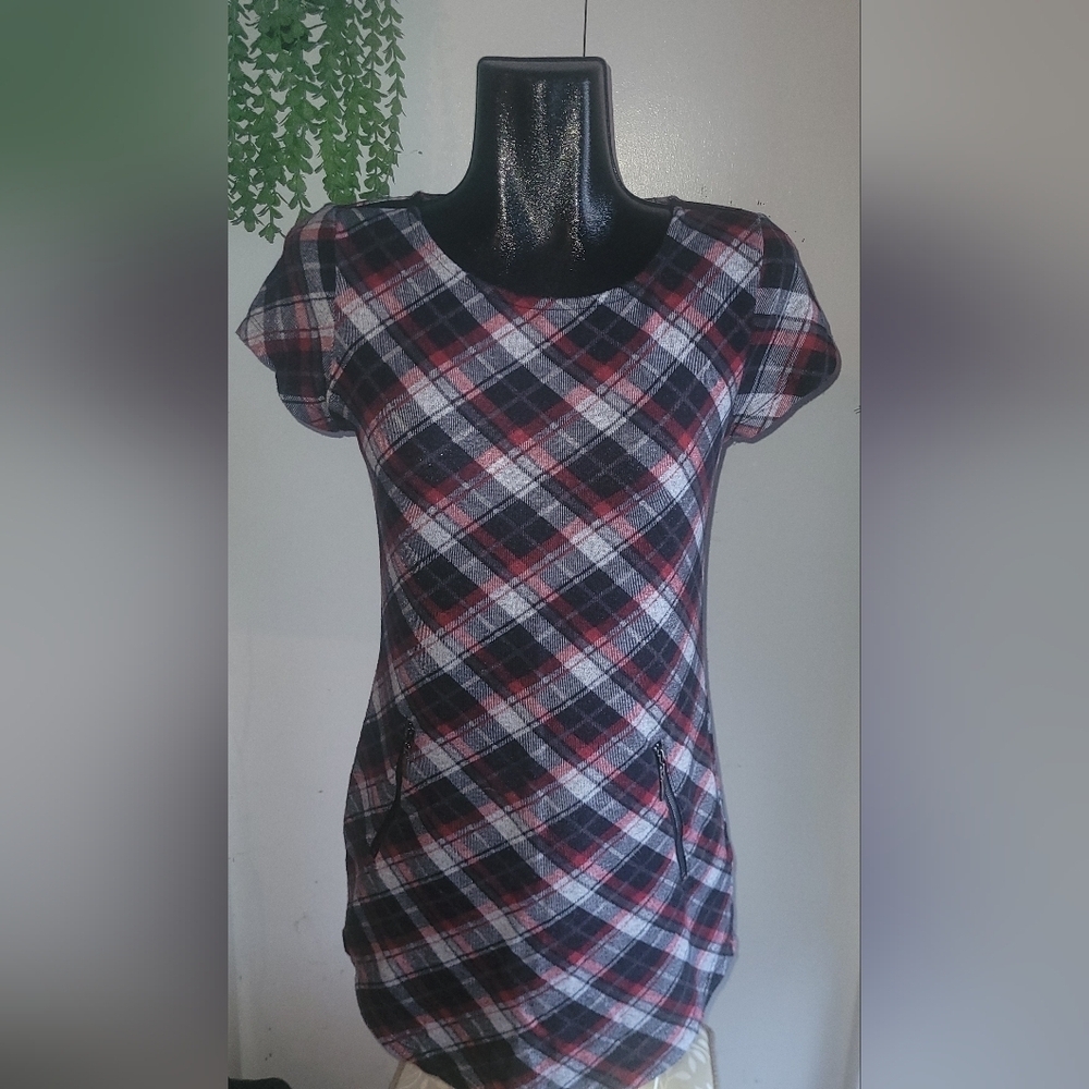 San Francisco Navy And Red Check Pattern Short Sleeve Mini Dress Size S